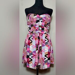 Bar III, Geometric Print Strapless Romper with Pockets, Pink & Purple Size Large